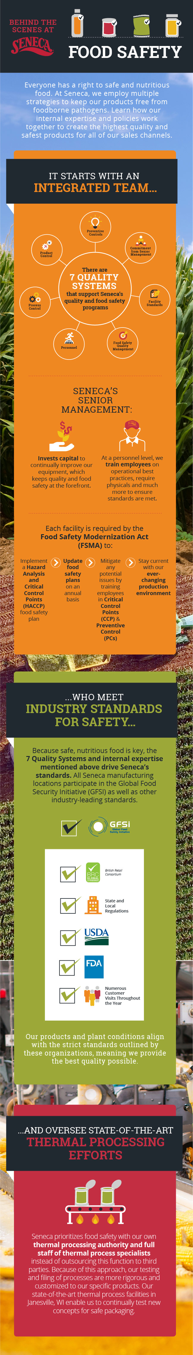 BEHIND THE SCENES AT SENECA FOOD SAFETY  Everyone has a right to safe and nutritious food. At Seneca, we employ multiple strategies to keep our products free from foodborne pathogens. Learn how our internal expertise and policies work together to create the highest quality and safest products for all of our sales channels.   IT START WITH AN INTEGRATED TEAM…  There are 7 QUALITY SYSTEMS that support Seneca’s quality and food safety programs 	Commitment from Senior Management 	Facility Standards 	Food Safety Quality Management 	Personnel 	Process Control 	Product Control  	Preventive Controls  SENECA’S SENIOR MANAGEMENT  Invests capital to continually improve our equipment, which keeps quality and food safety at the forefront.  At a personnel level, we train employees on operational best practices, require physicals and much more to ensure standards are met.  Each facility is required by the Food Safety Modernization Act (FSMA) to:  	Implement a Hazard Analysis and Critical Control Points (HACCP) food safety plan 	Update food safety plans on an annual basis 	Mitigate any potential issues by training employees in Critical Control Points (CCP) & Preventive Control (PCs) 	Stay current with our ever-changing production environment  …WHO MEETS INDUSTRY STANDARDS FOR SAFETY  Because safe, nutritious food is key, the 7 Quality Systems and internal expertise mentioned above drive Seneca’s standards. All Seneca manufacturing locations participate in the Global Food Security Initiative (GFSI) as well as other industry-leading standards.  Our products and plant conditions align with the strict standards outlined by these organizations, meaning we provide the best quality possible.  …AND OVERSEE STATE-OF-THE-ART THERMAL PROCESSING EFFORTS  Seneca prioritizes food safety with our own thermal processing authority and full staff of thermal process specialists instead of outsourcing this function to third parties. Because of this approach, our testing and filing of processes are more rigorous and customized to our specific produc